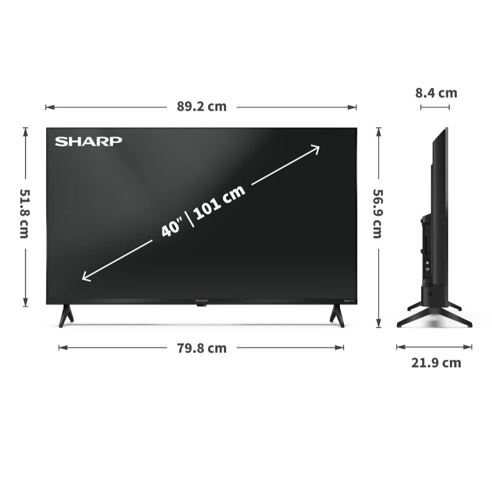 SHARP 40-inch Smart Roku TV side view with dimensions on screen