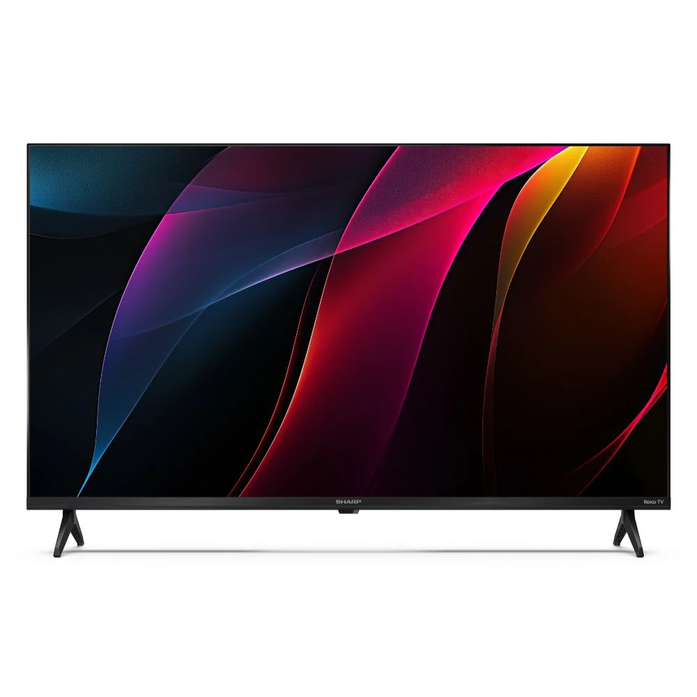 SHARP 40-inch Full HD Smart Roku TV, front screen close-up with colorful graphics