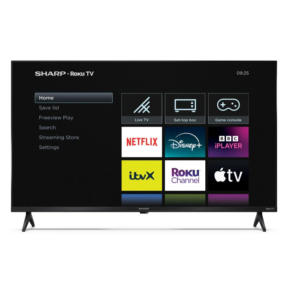 SHARP 40-inch Smart Roku TV showing Roku home menu and app tiles