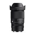 Black Sigma 16-300mm camera lens with lens hood, front view