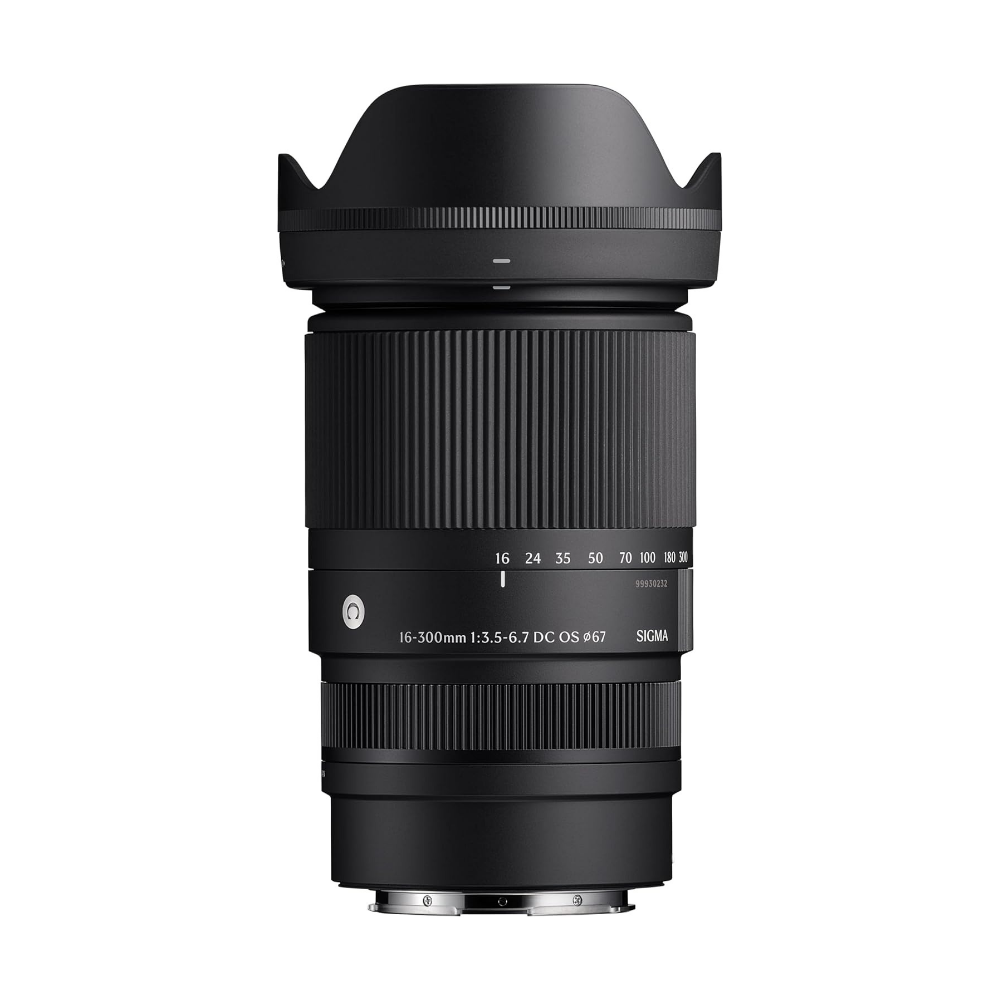 Black Sigma 16-300mm camera lens with lens hood, front view
