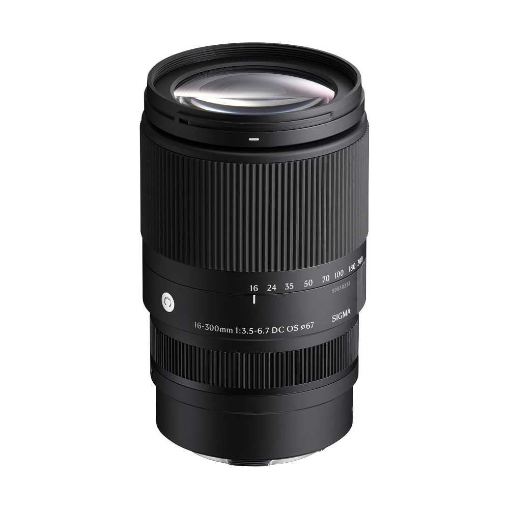 Black Sigma 16-300mm camera lens, front element visible, angled view