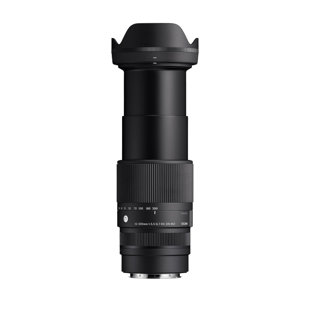 Black Sigma 16-300mm camera lens, rear view with metal mounting ring