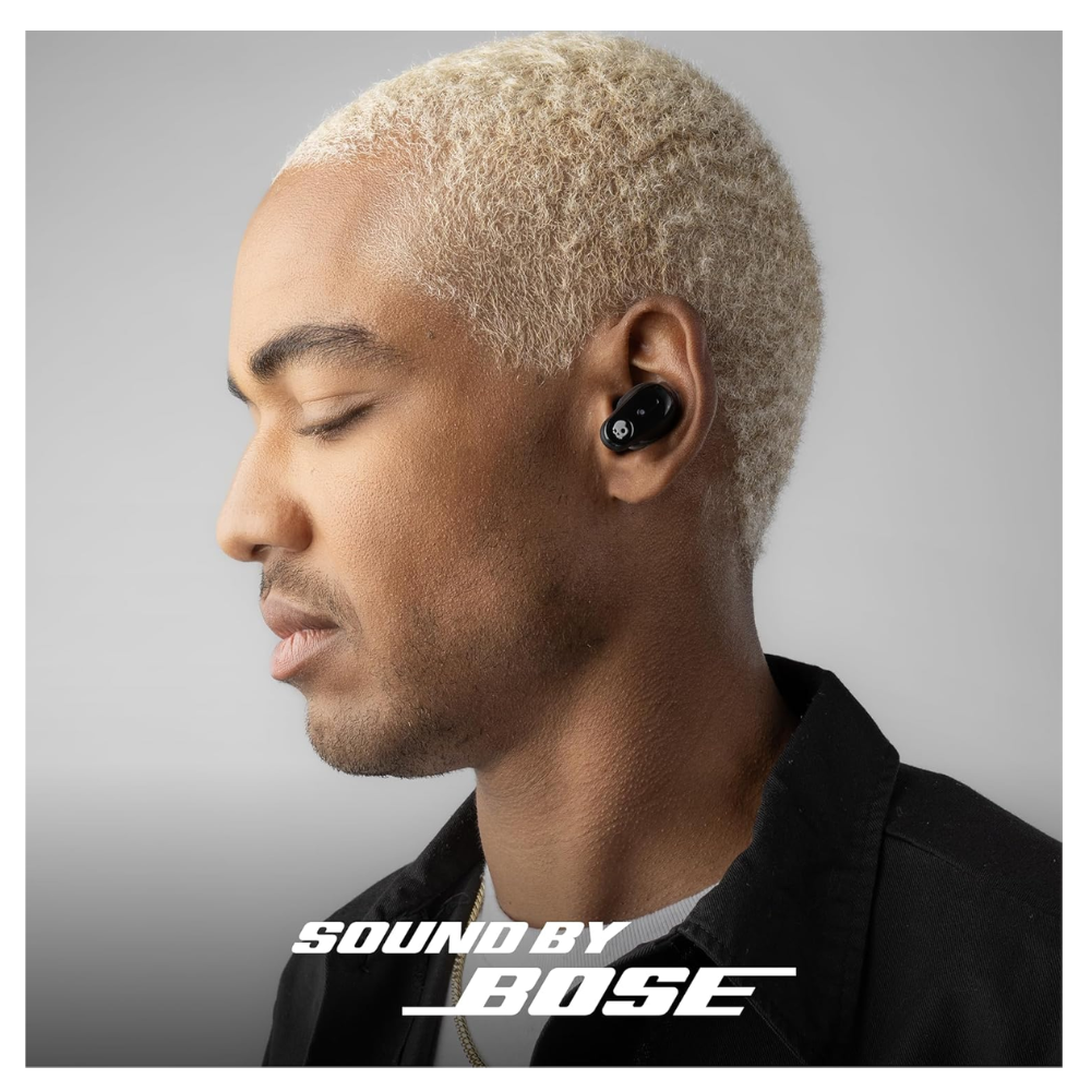 Black true wireless earbud in ear with compact in-ear design