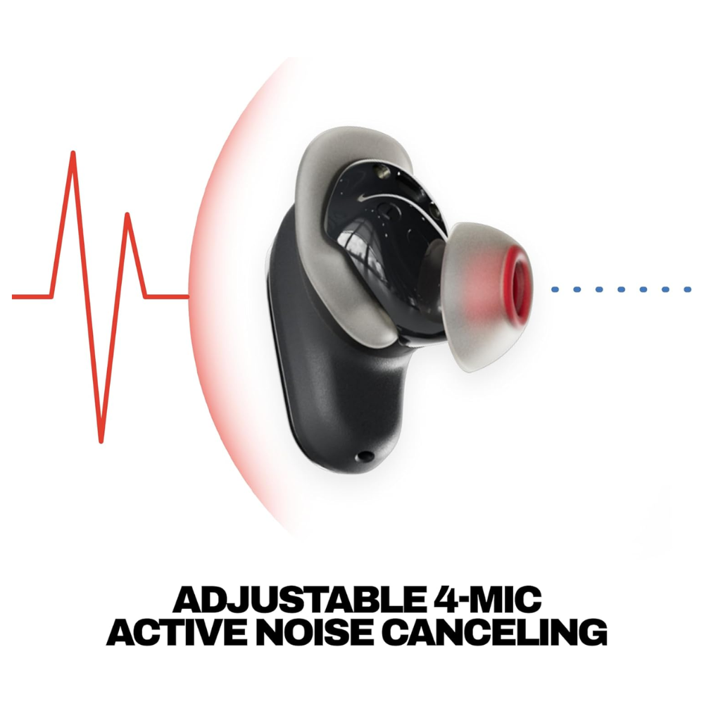 True wireless earbuds with 4-mic noise-canceling, black and red-accent tips