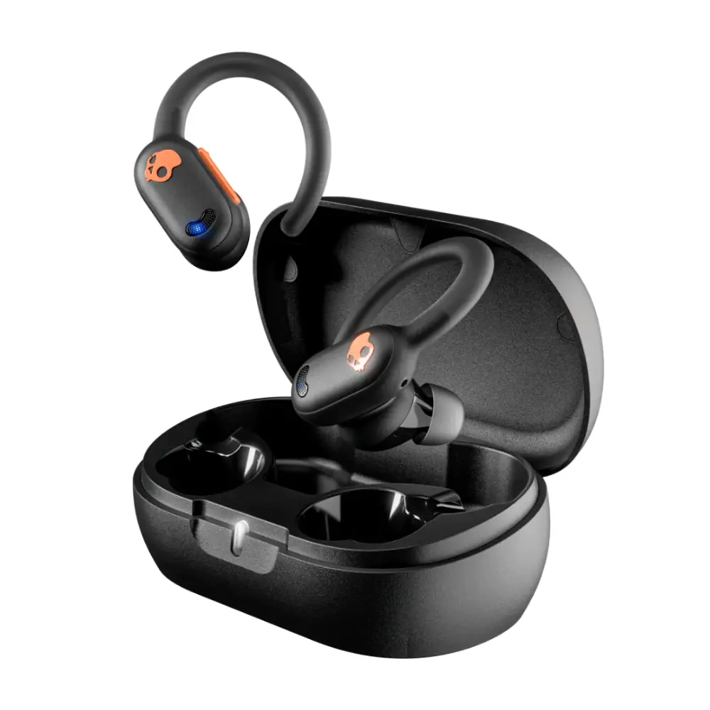 Black wireless sports earbuds with orange accents in open charging case