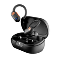 Black wireless sports earbuds with orange accents in open charging case