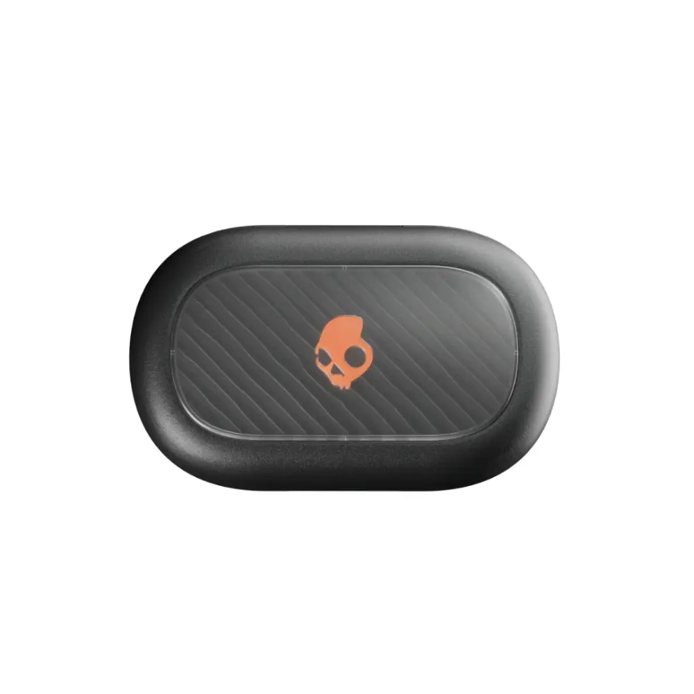 Black wireless earbud charging case with orange skull logo