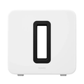White Sonos Sub 4 subwoofer with black front port and SONOS logo