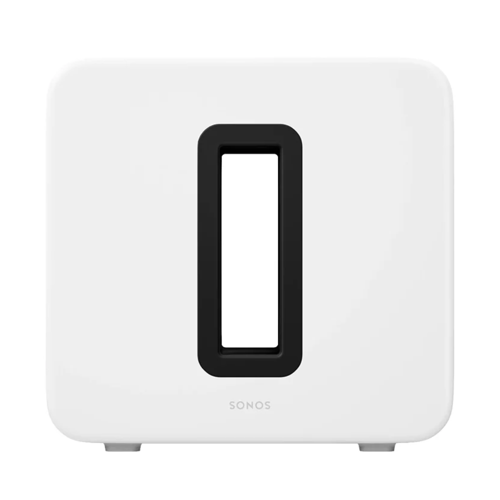 White Sonos Sub 4 subwoofer with black front port and SONOS logo
