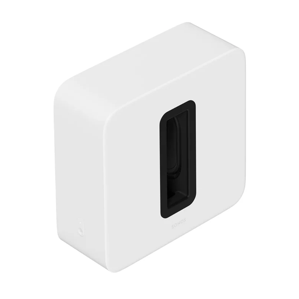 White Sonos Sub 4 subwoofer side view, showing black recessed port