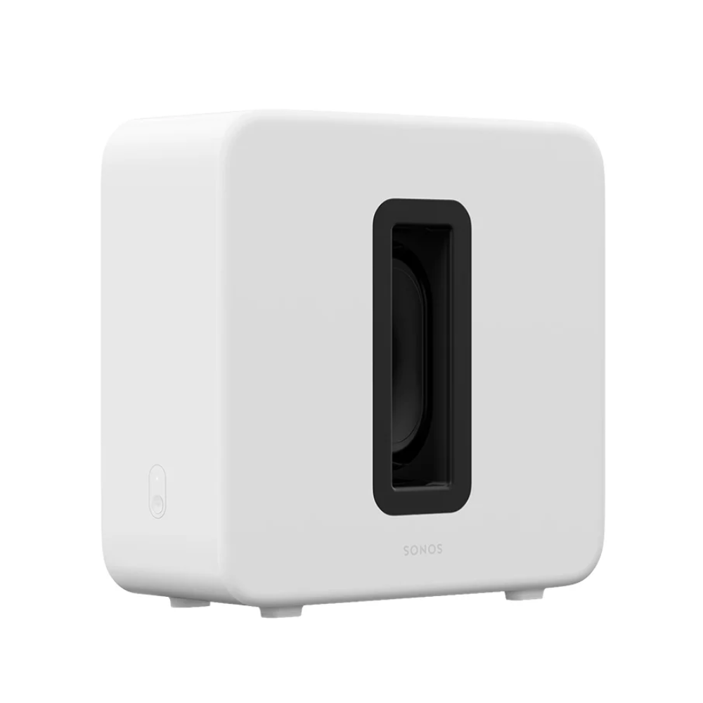 White Sonos Sub 4 subwoofer angled front view with black port grille