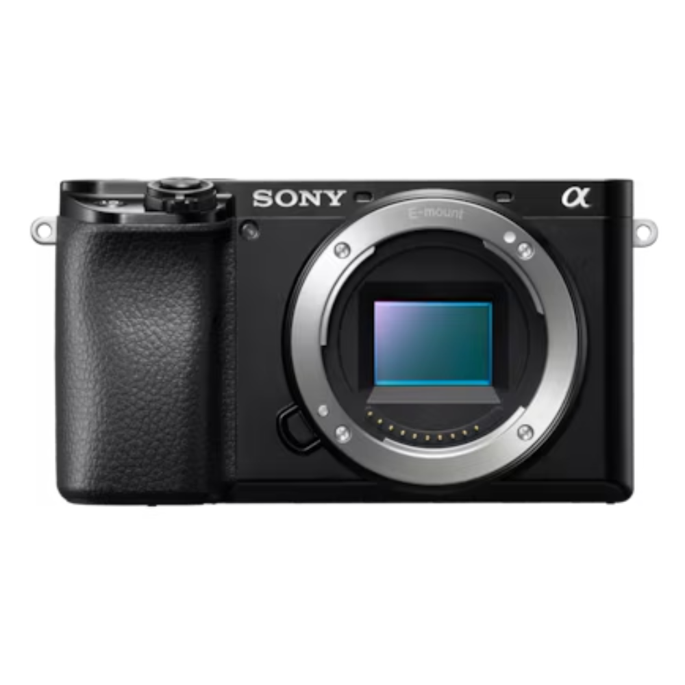 Black SONY Alpha mirrorless APS-C camera with lens and top controls