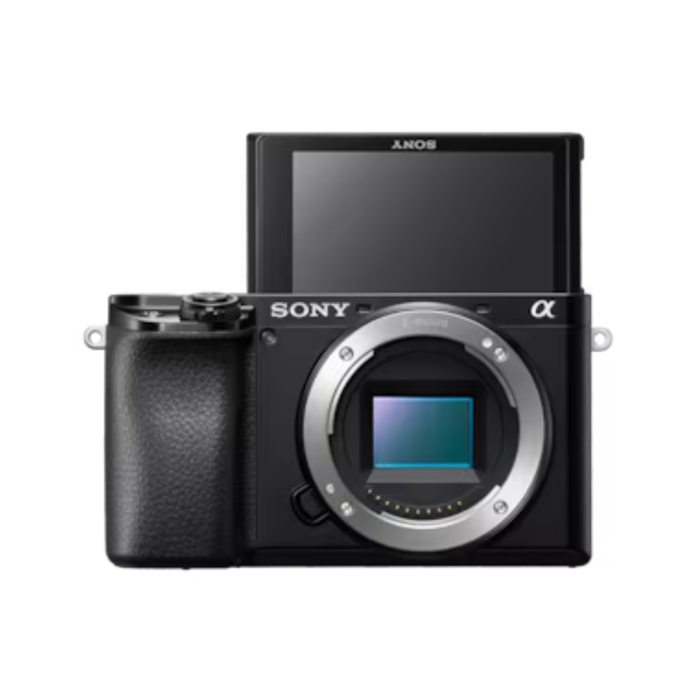 Black SONY Alpha mirrorless APS-C camera with rear LCD screen