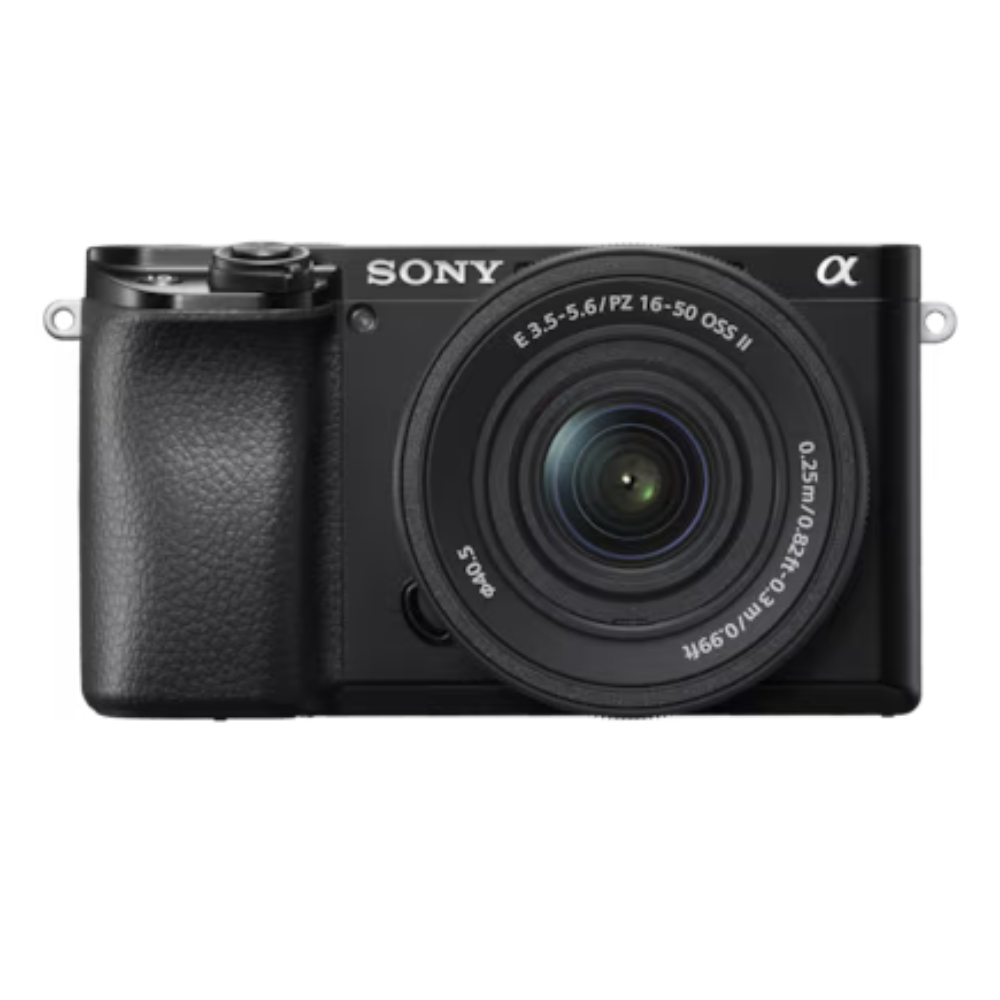 Black SONY Alpha mirrorless APS-C camera front view with zoom lens