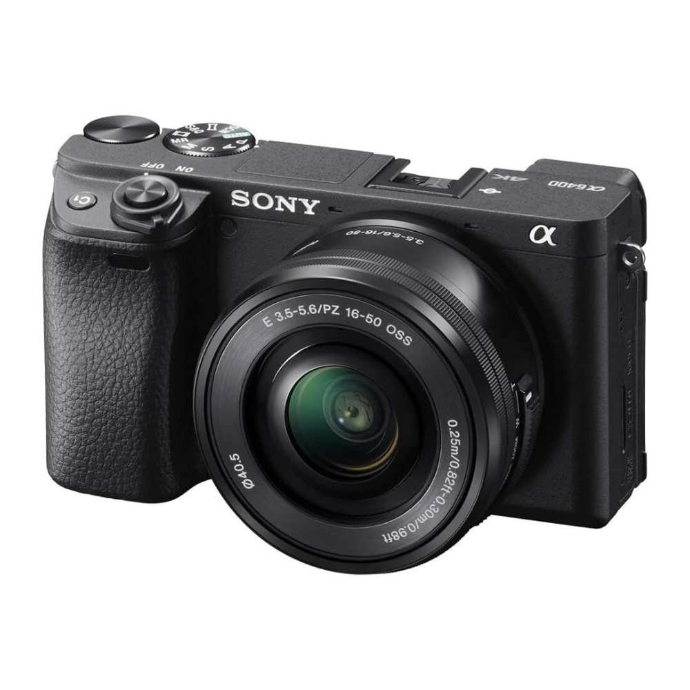 Black Sony Alpha mirrorless camera with 16-50mm lens and textured grip