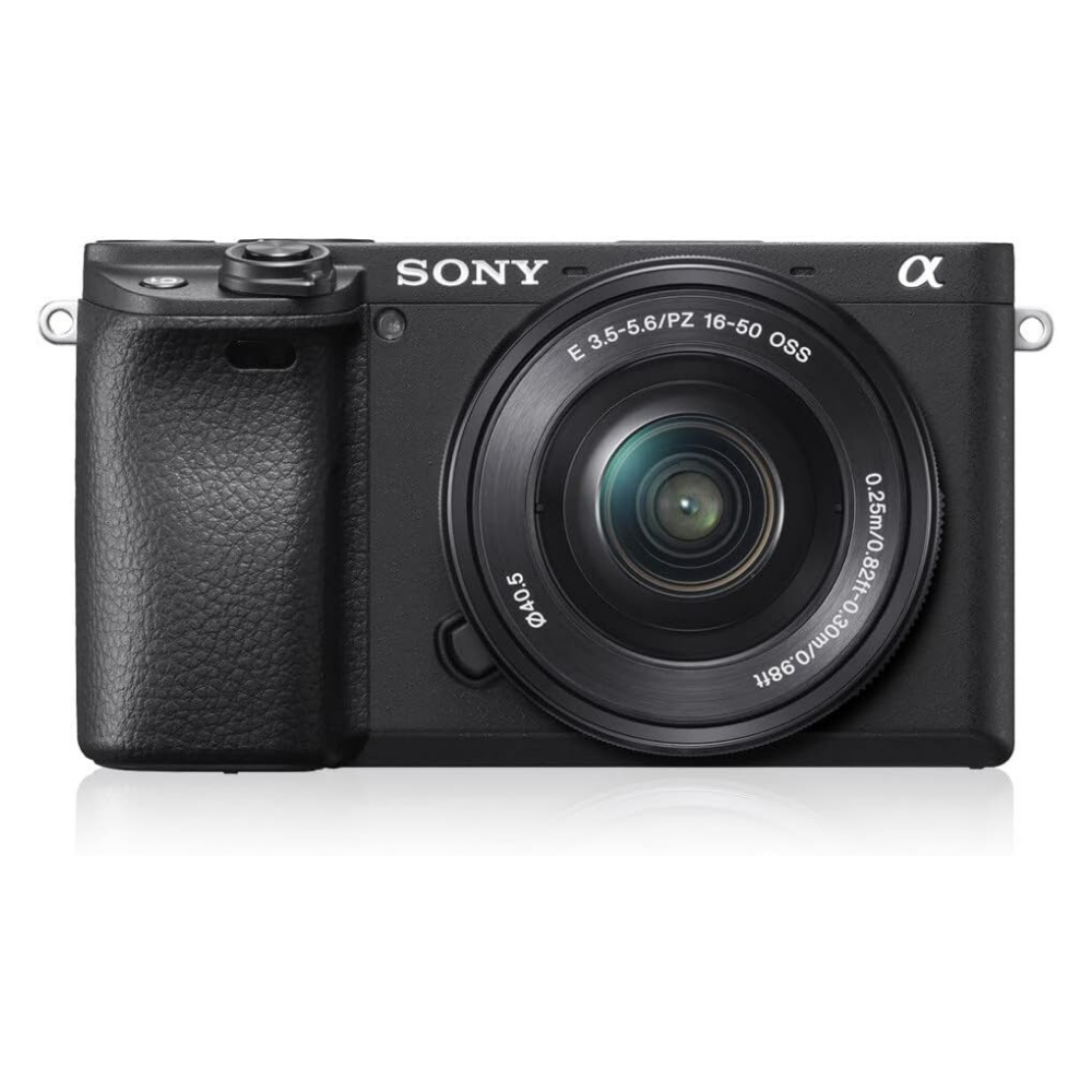 Black Sony Alpha mirrorless camera front view with 16-50mm lens