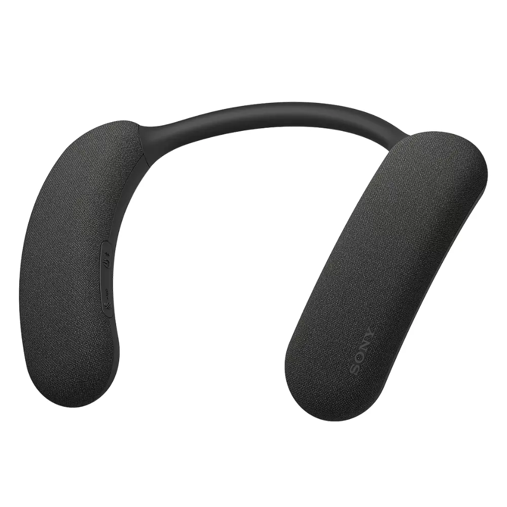 Black U-shaped neckband Bluetooth speaker with textured ear cushions