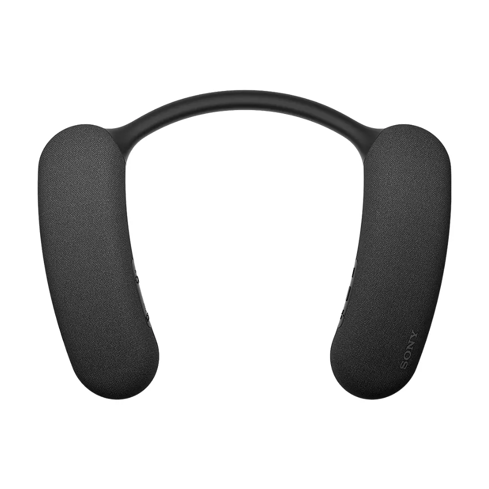 Black neckband speaker with textured ear pads and curved headband