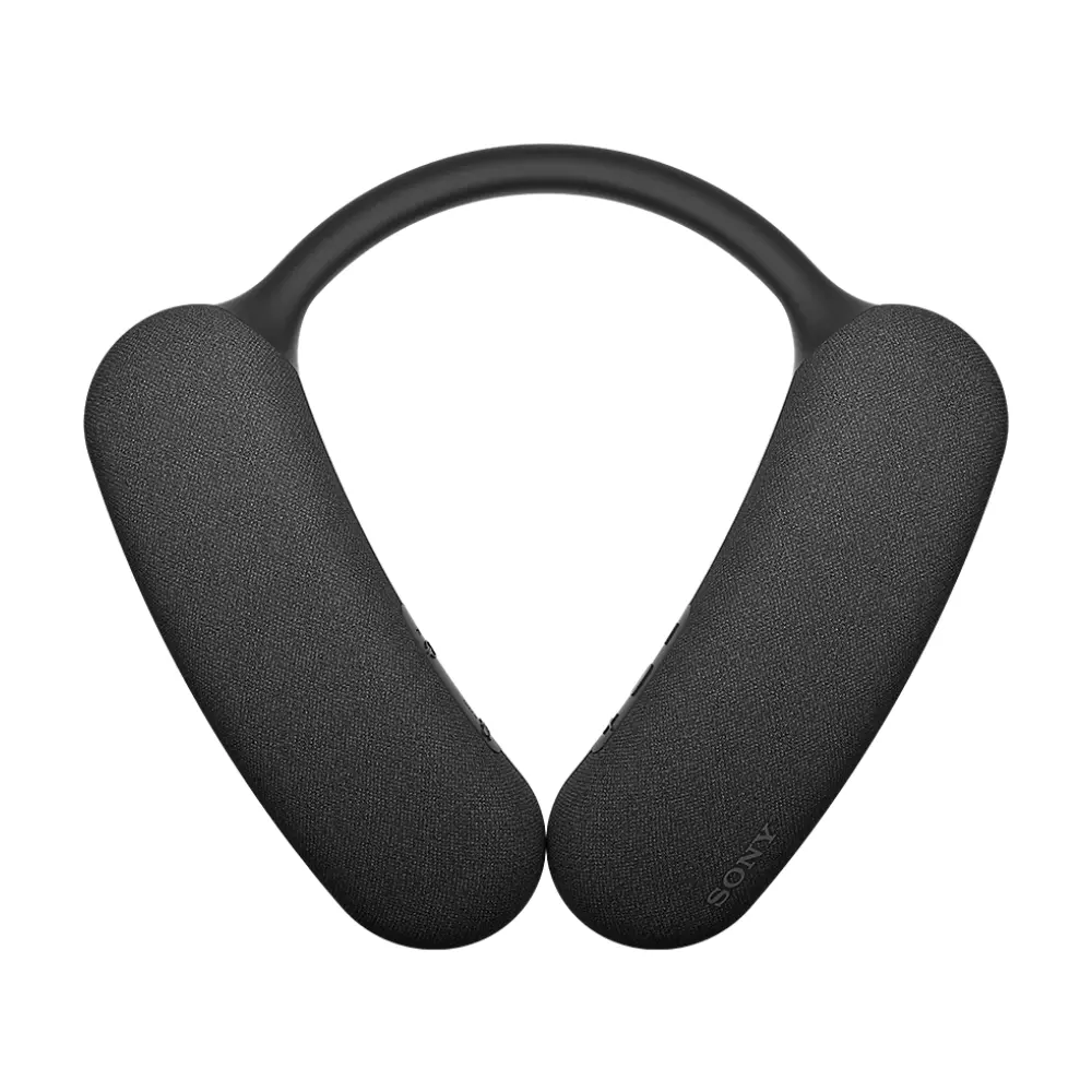 Black neckband Bluetooth speaker with textured ear cushions and SONY mark