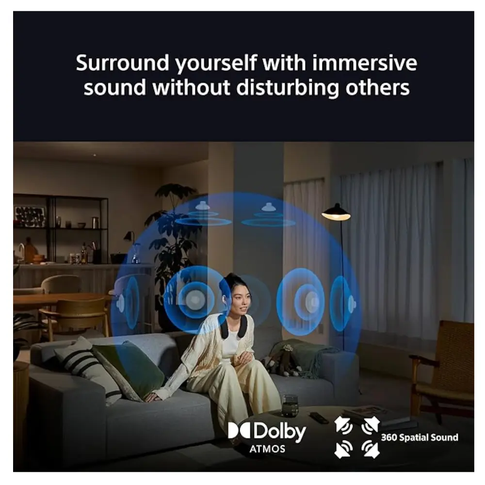 Neckband speaker worn on a person with Dolby Atmos and 360 Spatial Sound icons