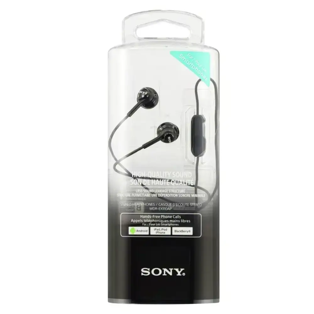 SONY black in-ear earphones in clear retail blister package