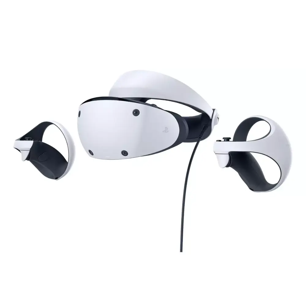 White PlayStation VR2 headset with black side controllers and attached cable