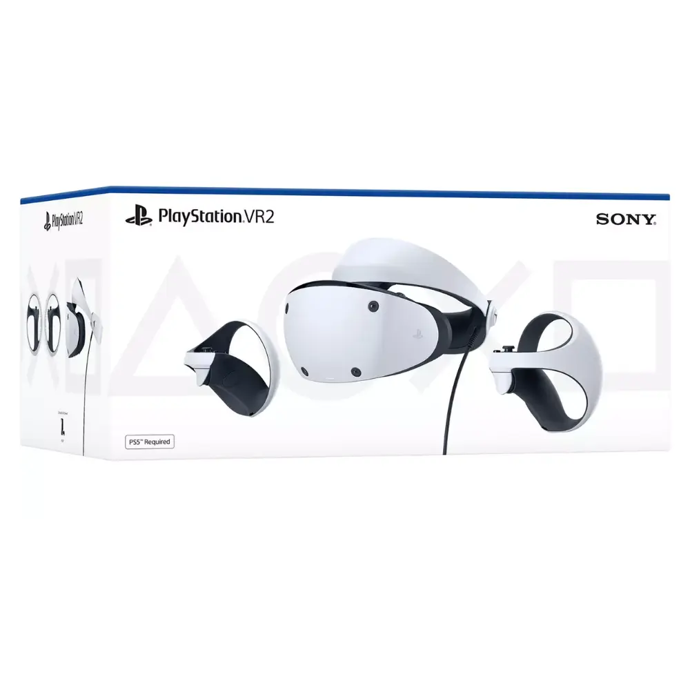 PlayStation VR2 headset box with white and black VR2 device shown
