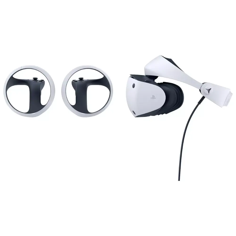 PlayStation VR2 headset with black hand controllers, shown from side angle