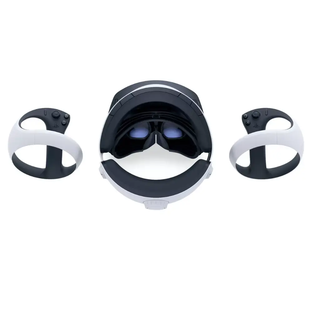 PlayStation VR2 headset front view with two black hand controllers