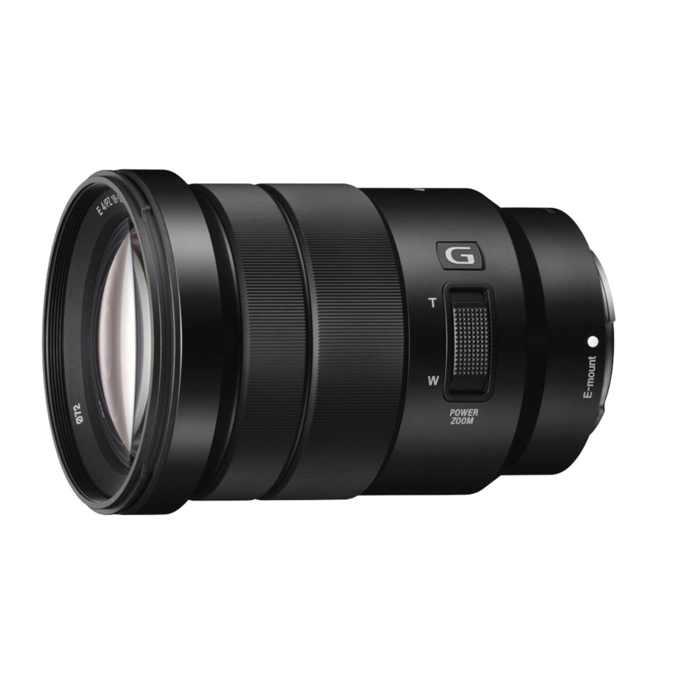 Black 18-105mm E-mount power zoom lens, ribbed focus/zoom ring