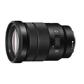 Black 18-105mm E-mount power zoom lens, ribbed focus/zoom ring
