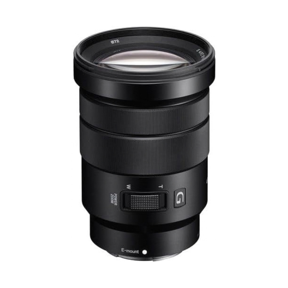 Black E-mount power zoom lens showing front glass and rear control panel