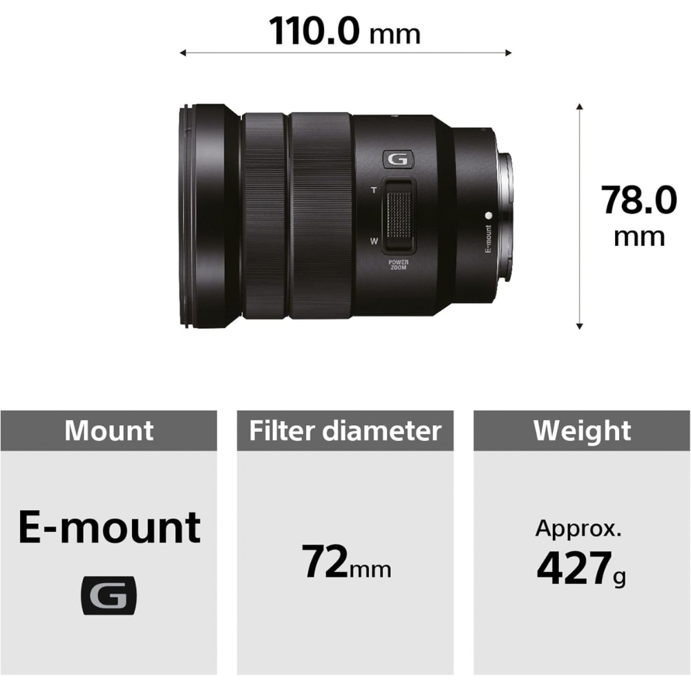 Black E-mount lens size and specs: 72mm filter, 78mm length, 427g weight
