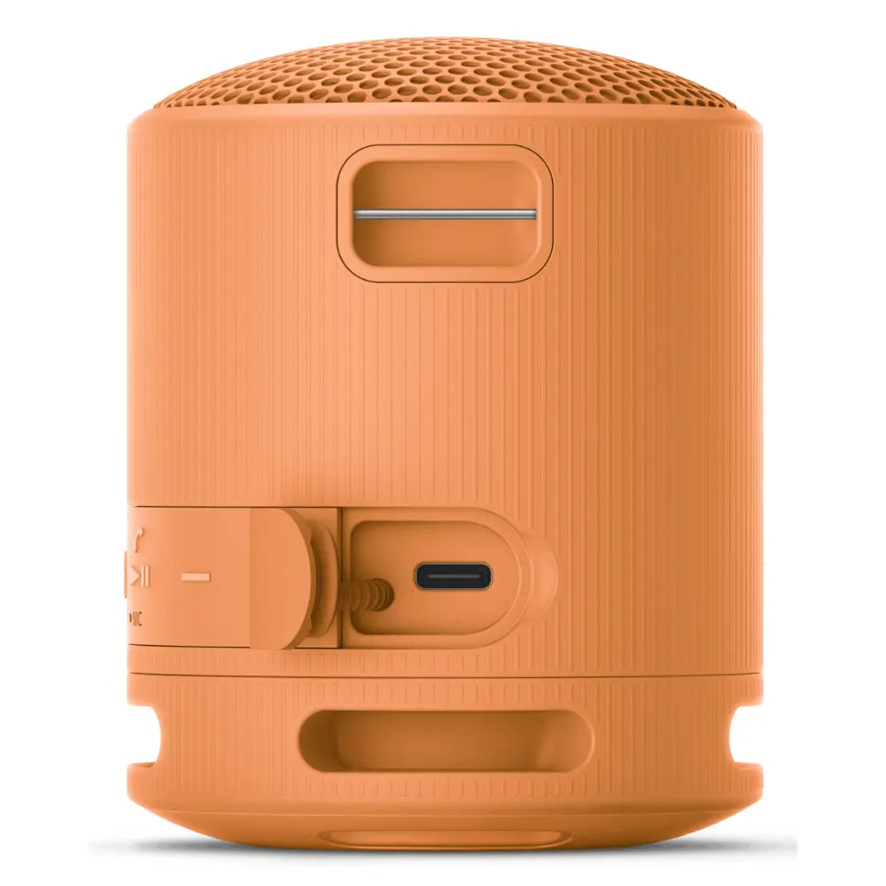 Orange SONY wireless Bluetooth speaker side view with charging port