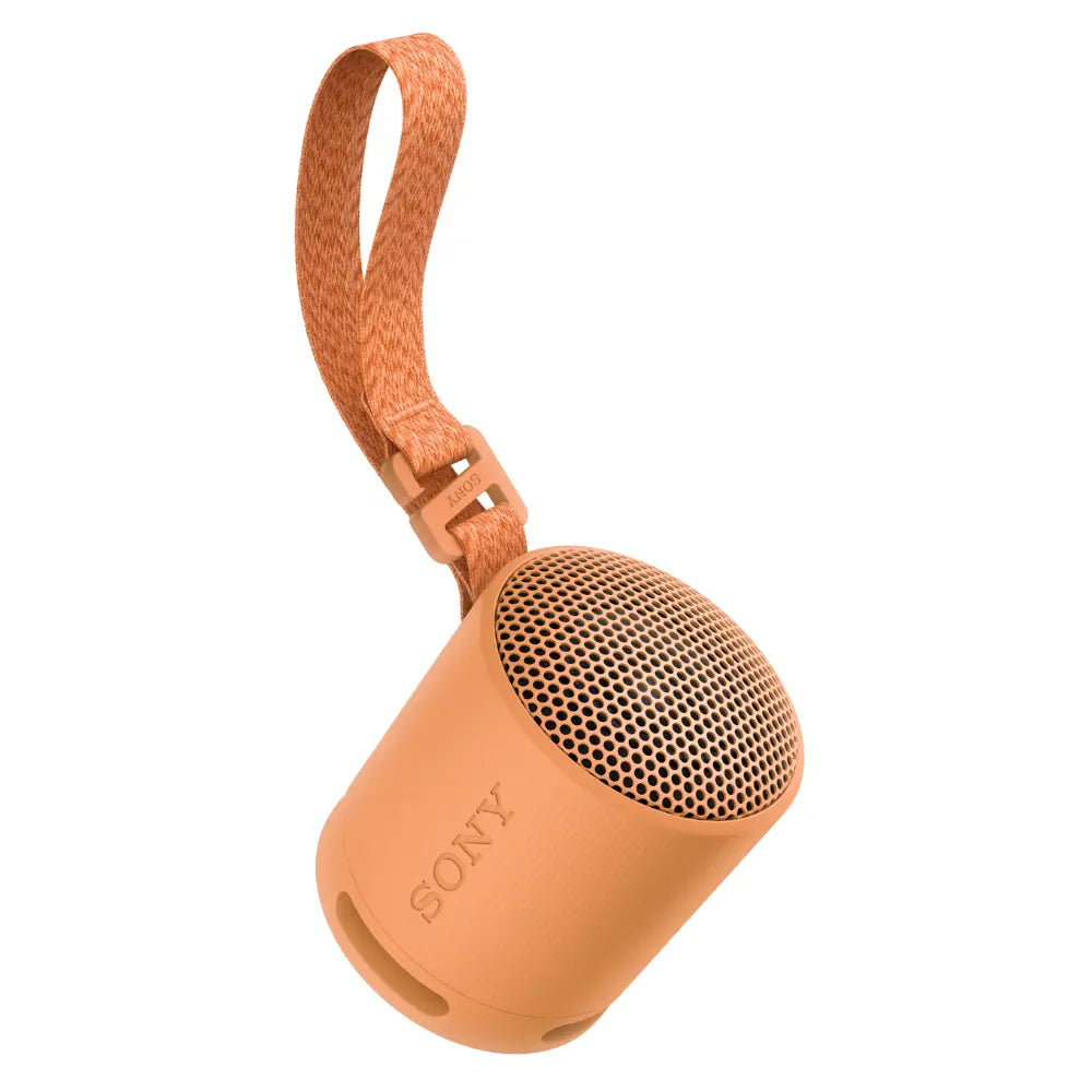 Orange SONY wireless Bluetooth speaker with fabric strap and metal grille