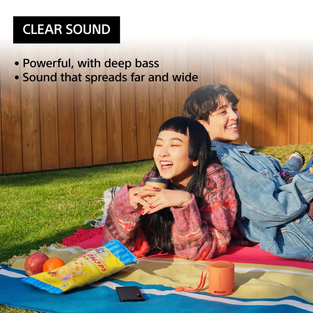 Orange SONY wireless Bluetooth speaker on picnic blanket