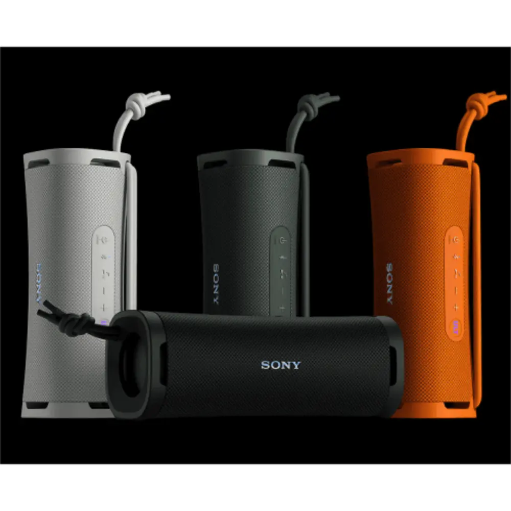 Wireless portable speakers grouped in orange, gray, and black with SONY branding