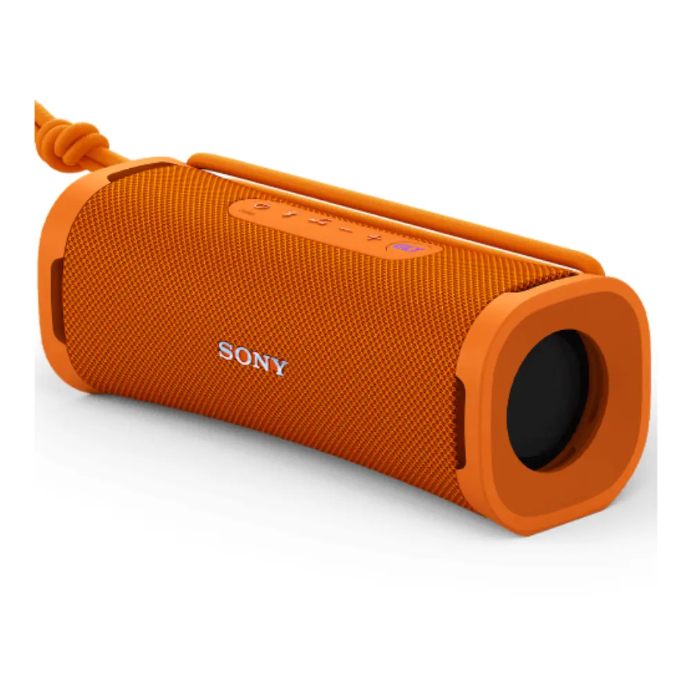 Orange wireless portable speaker angled view, front grille and SONY logo