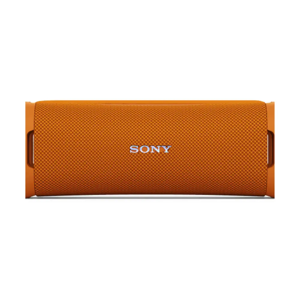 Orange wireless portable speaker back view with SONY logo and side strap loops