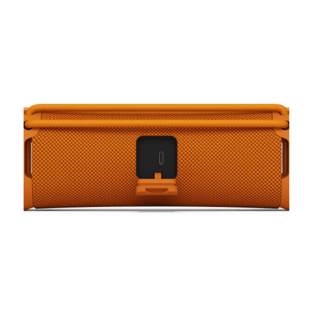 Orange wireless portable speaker rear panel with charging port cover, SONY