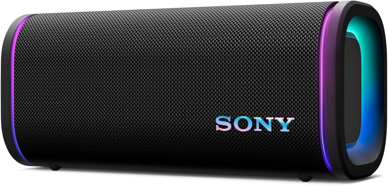 Black portable SONY speaker with fabric grille and blue LED light ring, cylindrical body.