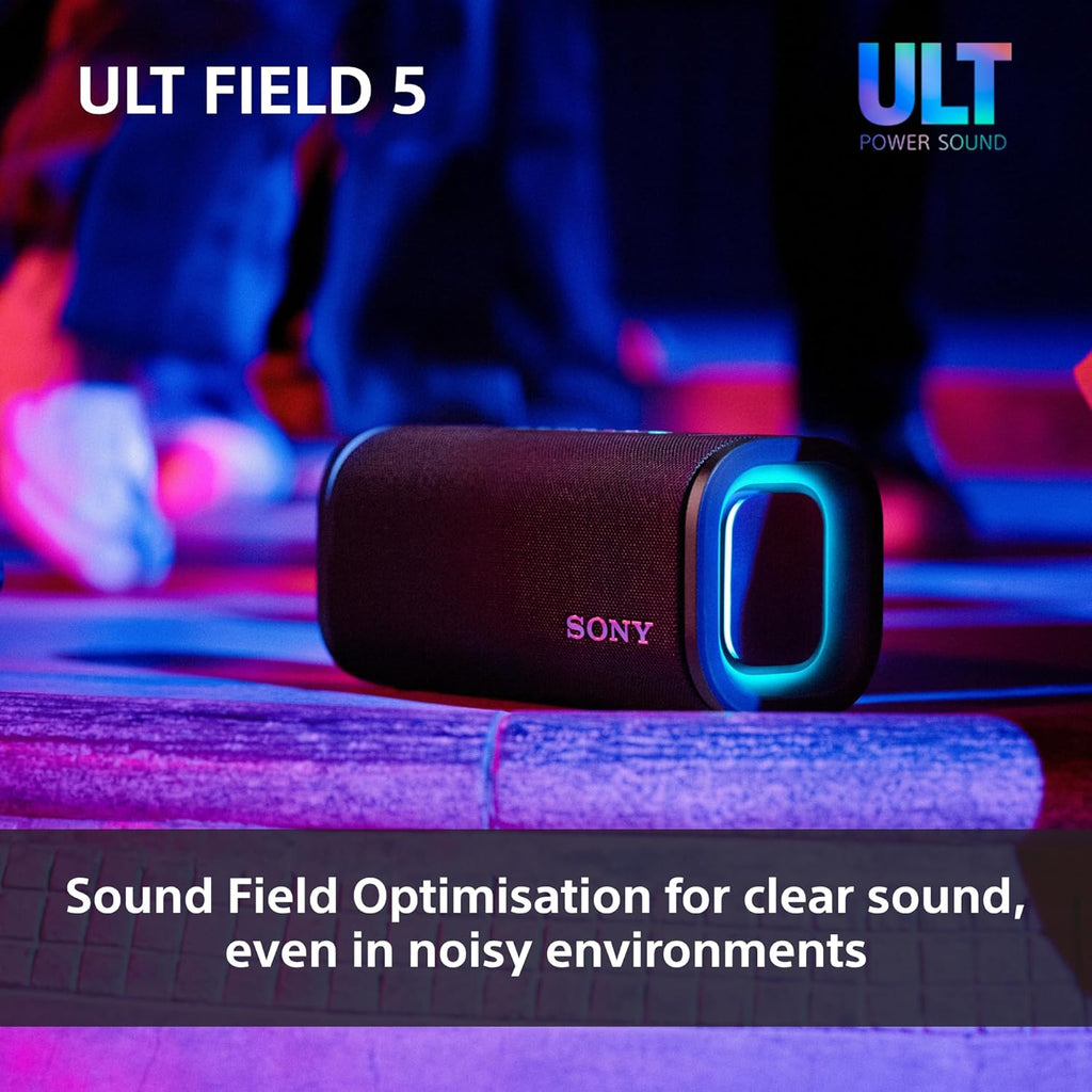 Black SONY portable speaker with glowing side LED ring and compact cylindrical design.