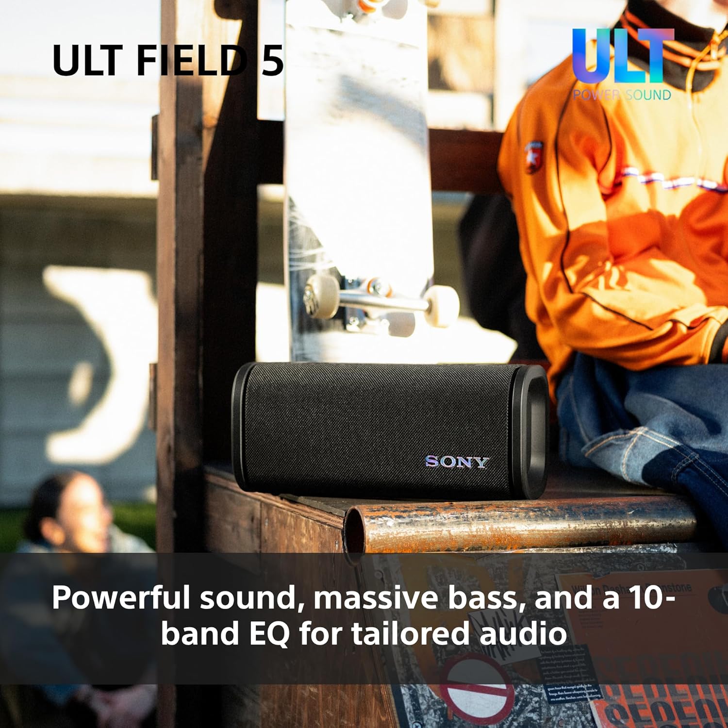Black SONY portable speaker with fabric grille and blue LED ring on the end.