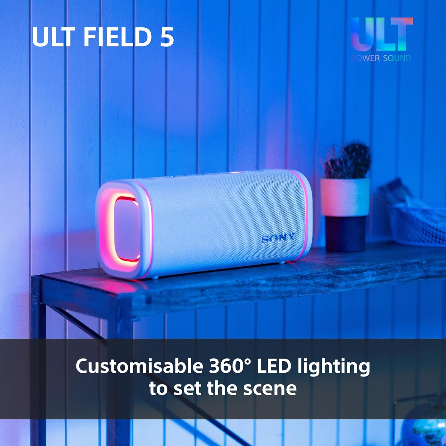 Black SONY portable speaker with RGB LED side light ring and fabric mesh grille.