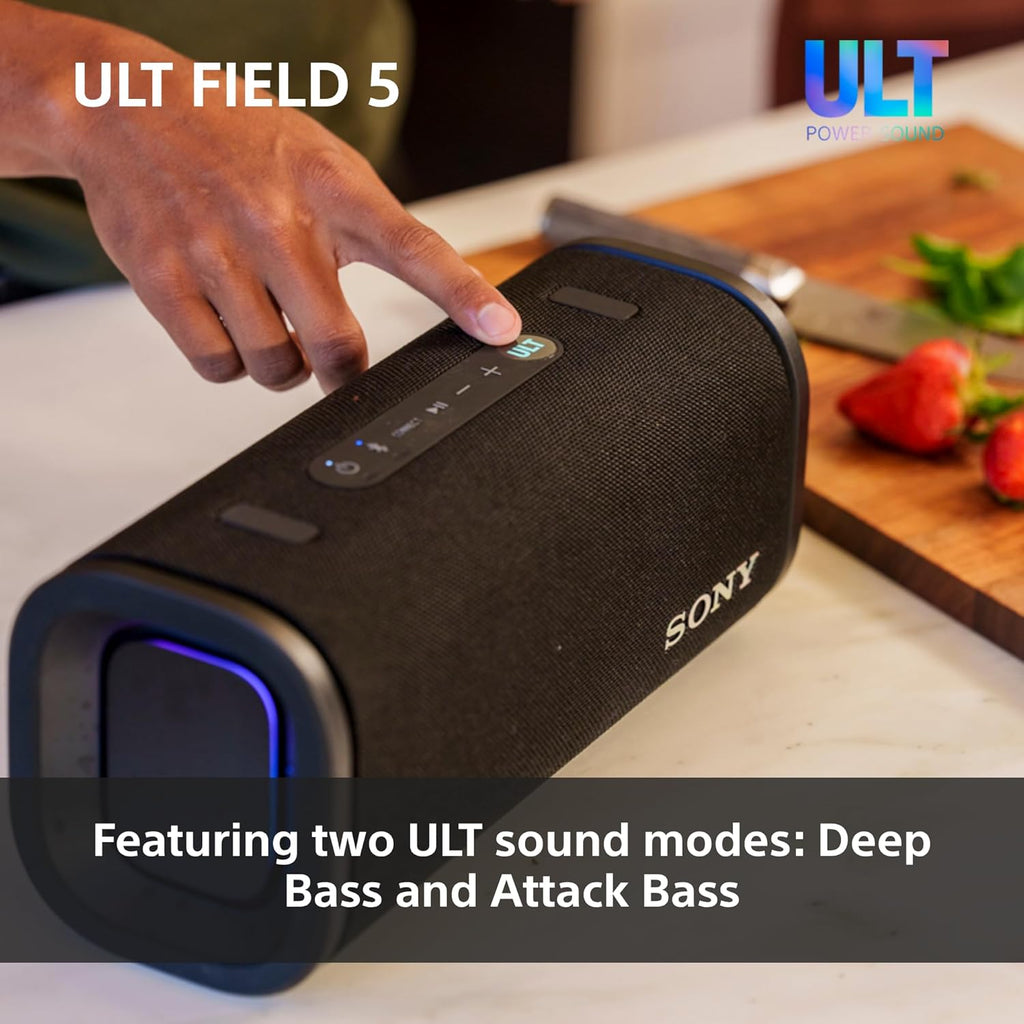 Black SONY portable speaker showing top control buttons and glowing blue LED end light.