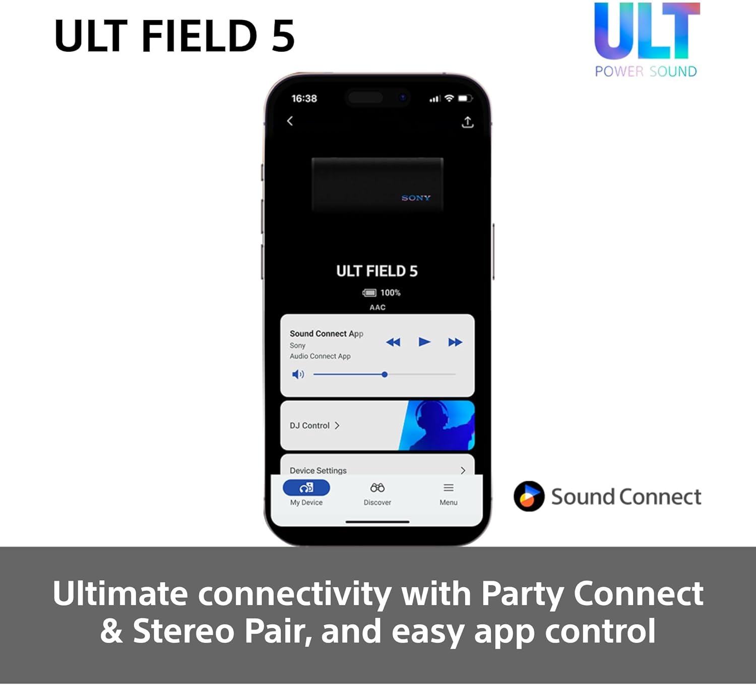 Smartphone displaying Sound Connect app control for a SONY portable speaker.