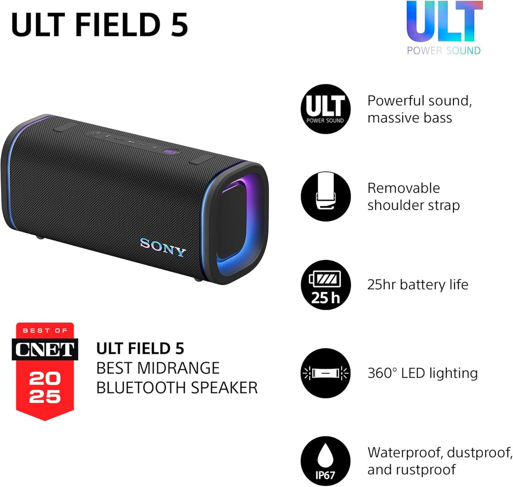 Black Bluetooth speaker with LED lighting and removable shoulder strap feature icons
