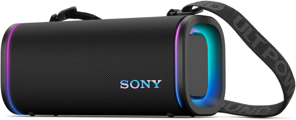 SONY ULT FIELD 5 wireless portable speaker, black with glowing blue accents and carry strap