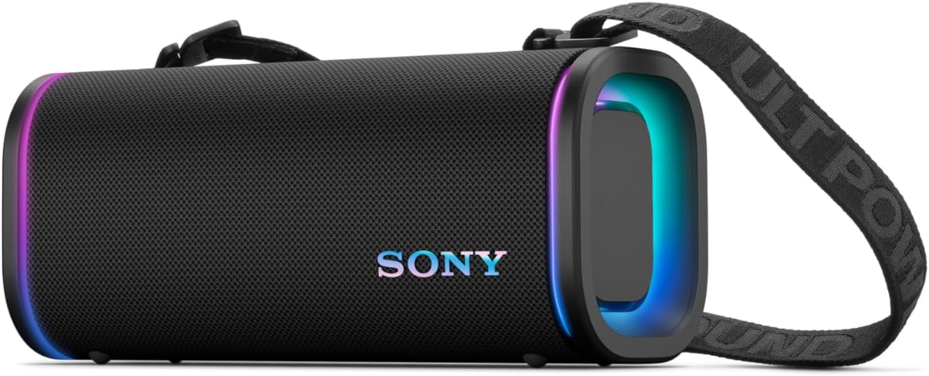 SONY ULT FIELD 5 wireless portable speaker, black with glowing blue accents and carry strap